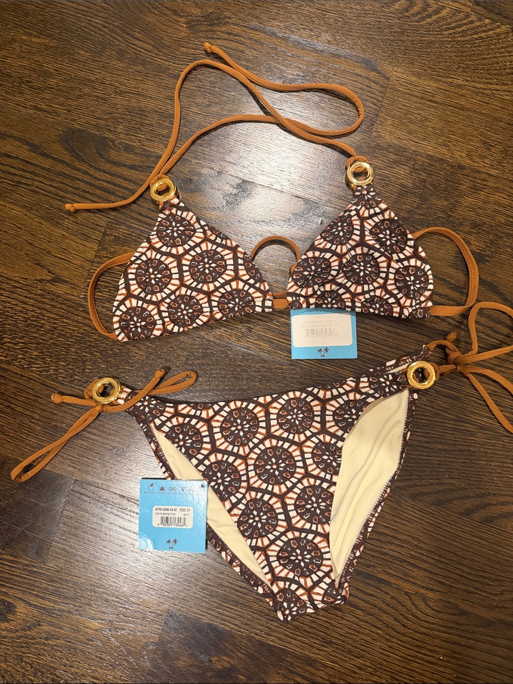 NWT Letarte Hawaii Brown Geometric Bikini with gold hardware sm top med bottom